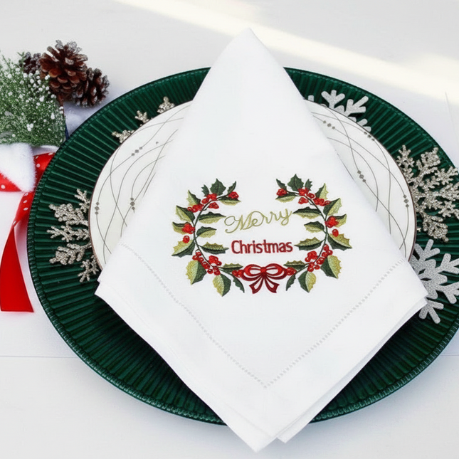 Personalized Holly Berries Embroidered Christmas Table Linen Set for Holiday Elegance