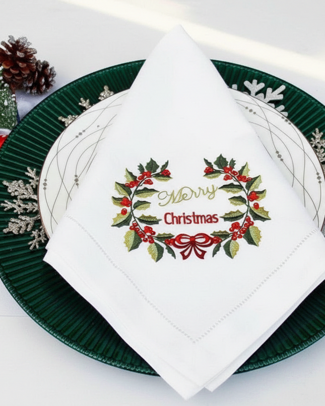 Personalized Holly Berries Embroidered Christmas Table Linen Set for Holiday Elegance