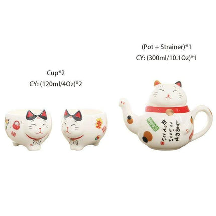Maneki Neko Ceramic Tea Set - Charming Lucky Cat Teapot with Cups and Infuser