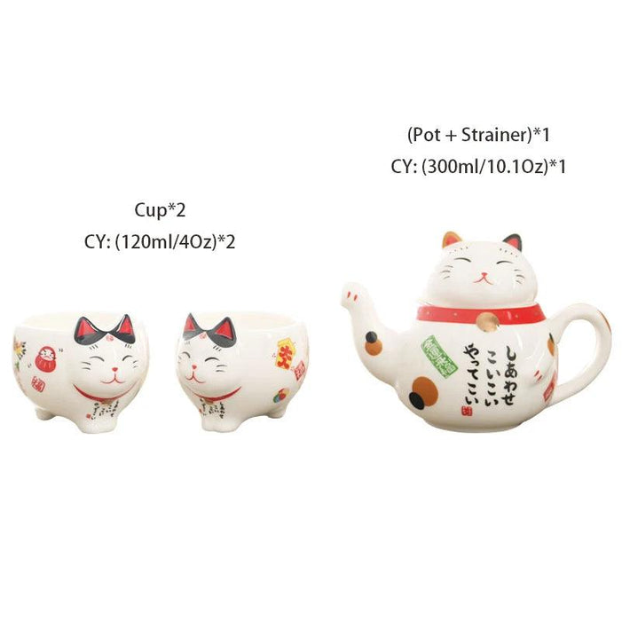 Maneki Neko Ceramic Tea Set - Charming Lucky Cat Teapot with Cups and Infuser