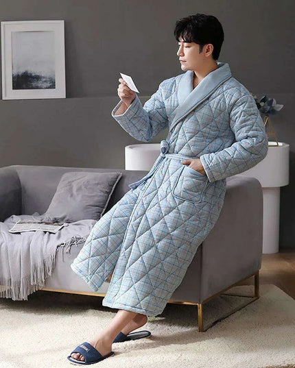 Men's Elegant Plaid Kimono Robe - Superior Cotton Lounge Wear for Chilly Seasons
