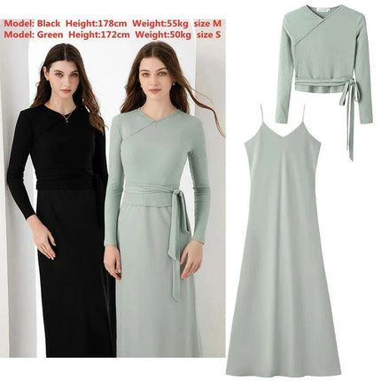 High-Stretch Ribbed Wrap Top & Matte Satin Maxi Dress Ensemble for Women - Très Elite