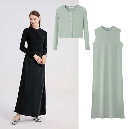 High-Stretch Ribbed Wrap Top & Matte Satin Maxi Dress Ensemble for Women - Très Elite