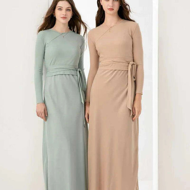 High-Stretch Ribbed Wrap Top & Matte Satin Maxi Dress Ensemble for Women