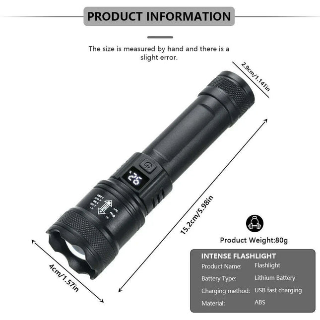 High Strong Power Led Flashlights 2000LM Tactical Torch with Display Light USB Charging Camping Fishing Emergency Zoom Lantern..