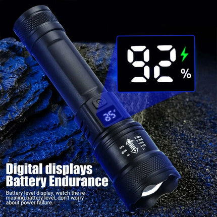 High Strong Power Led Flashlights 2000LM Tactical Torch with Display Light USB Charging Camping Fishing Emergency Zoom Lantern..