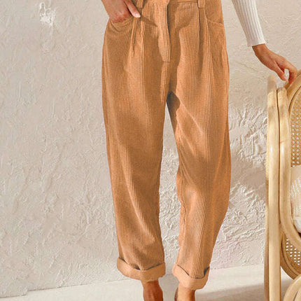 High Waist Lounge Pants Solid Color Corduroy Loose Straight Leg Trousers - Très Elite