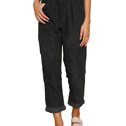 High Waist Lounge Pants Solid Color Corduroy Loose Straight Leg Trousers - Très Elite
