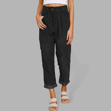 High Waist Lounge Pants Solid Color Corduroy Loose Straight Leg Trousers - Très Elite