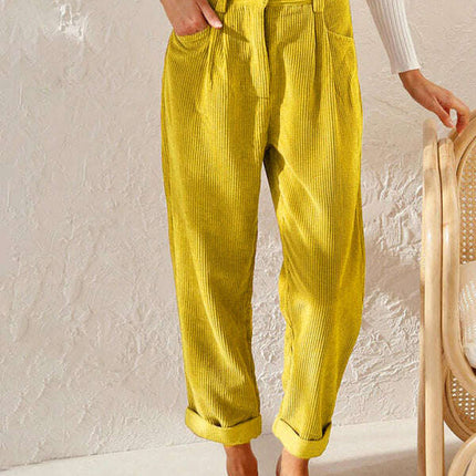 High Waist Lounge Pants Solid Color Corduroy Loose Straight Leg Trousers - Très Elite