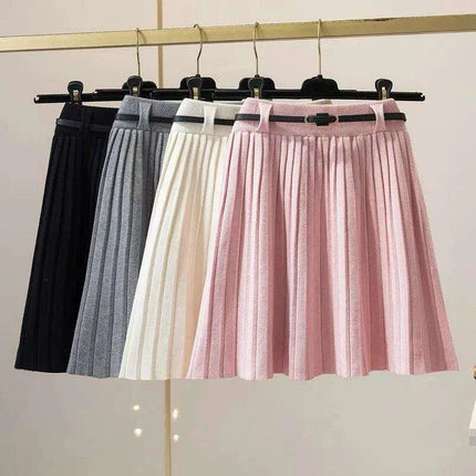 High Waist Pleated Mini Skirt - Korean-Inspired A-Line Knitted Solid Skirt with Belt - Très Elite