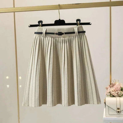 High Waist Pleated Mini Skirt - Korean-Inspired A-Line Knitted Solid Skirt with Belt