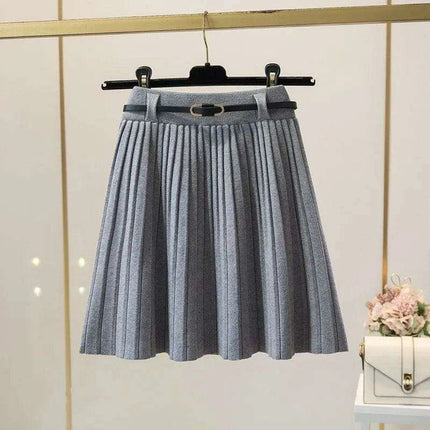 High Waist Pleated Mini Skirt - Korean-Inspired A-Line Knitted Solid Skirt with Belt