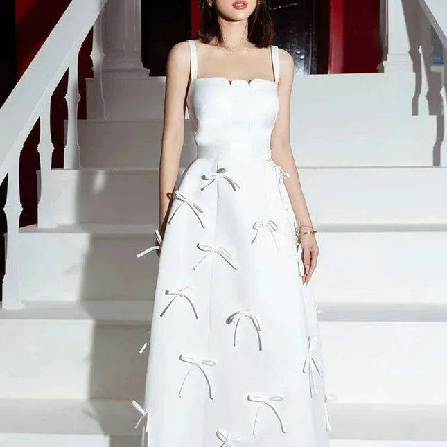 High Waist Solid Color Evening Gown with Charming Bowknot Detail