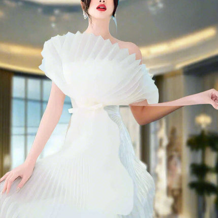 High Waist Summer Dress with 3D Pleats and Bow Accent - Sleeveless Slash Neck Design - Très Elite
