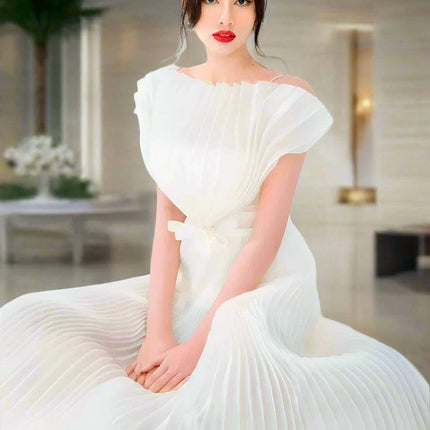High Waist Summer Dress with 3D Pleats and Bow Accent - Sleeveless Slash Neck Design - Très Elite