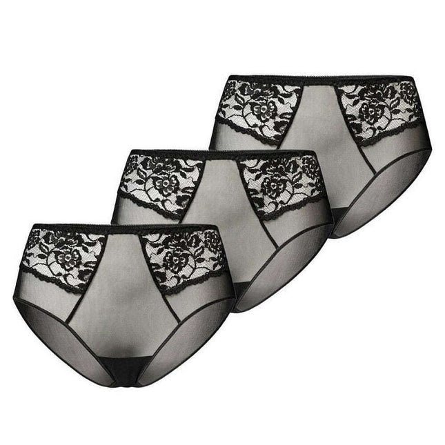 High Waisted Black Mesh Panties 3-Pack – Vida Lace Trim Underwear - Très Elite