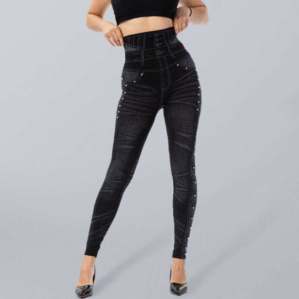 High waist beaded leggings stretch slim cropped pants - Très Elite