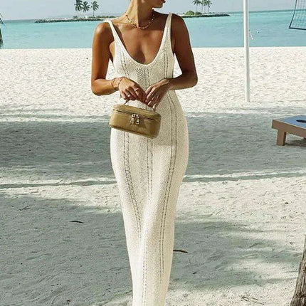 Hollow Out Knit Long Dress V Neck Sleeveless - Très Elite
