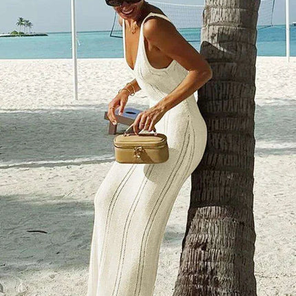 Hollow Out Knit Long Dress V Neck Sleeveless - Très Elite