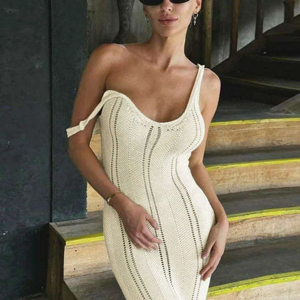 Hollow Out Knit Long Dress V Neck Sleeveless - Très Elite