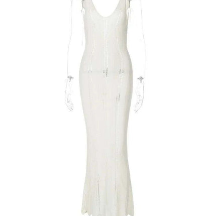 Hollow Out Knit Long Dress V Neck Sleeveless - Très Elite