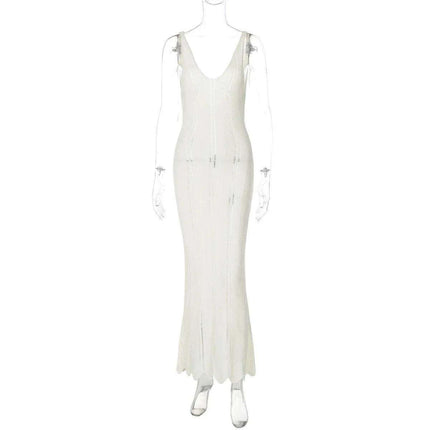 Hollow Out Knit Long Dress V Neck Sleeveless - Très Elite