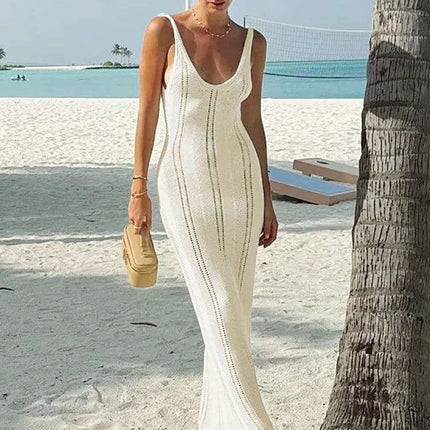 Hollow Out Knit Long Dress V Neck Sleeveless - Très Elite