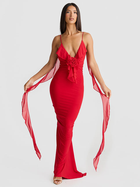 Hot girl's new sexy dress V-neck backless slim shoulder fishtail evening dress..