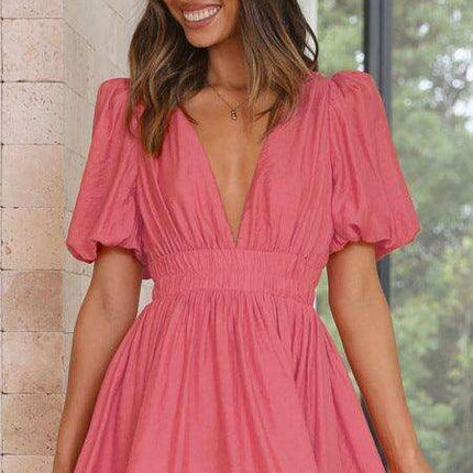 Elegant V-neck Lantern Sleeve Mini Dress