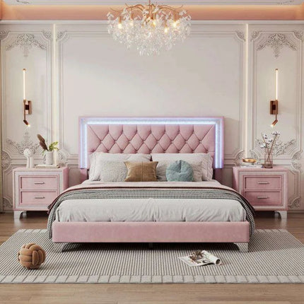 Illuminate Your Bedroom Oasis with Luxe LED Queen Bed Set and Chic Nightstands..