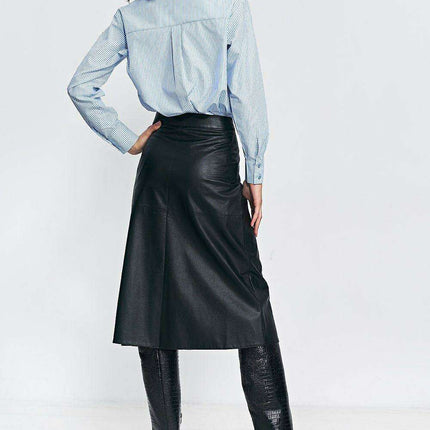 Imitation Leather Trapeze Midi Skirt For Women Black