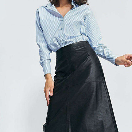 Imitation Leather Trapeze Midi Skirt For Women Black