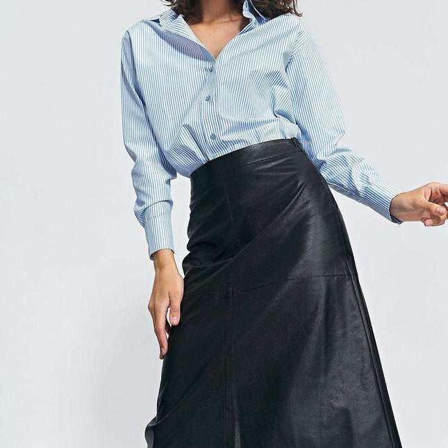 Imitation Leather Trapeze Midi Skirt For Women Black