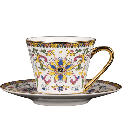 Imperial Elegance Enamel Porcelain Tea and Coffee Cup Set with Ornate Borders..