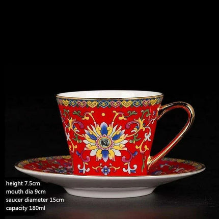 Imperial Elegance Enamel Porcelain Tea and Coffee Cup Set with Ornate Borders..