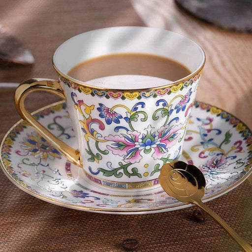 Imperial Elegance Enamel Porcelain Tea and Coffee Cup Set with Ornate Borders - Très Elite