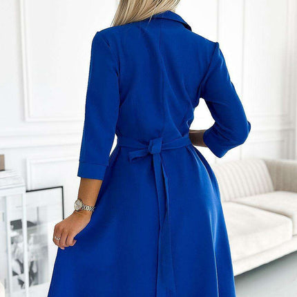 Indigo Elegance: Shirred Flared Dress with Belt crafted by Numoco - Très Elite