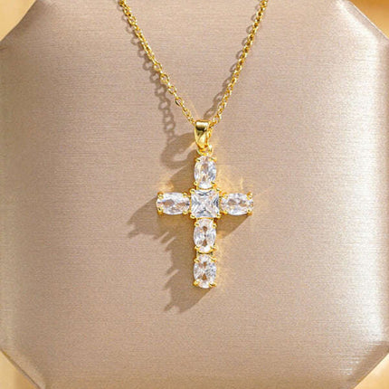 Inlaid zircon cross pendant necklace elegant clavicle chain - Très Elite