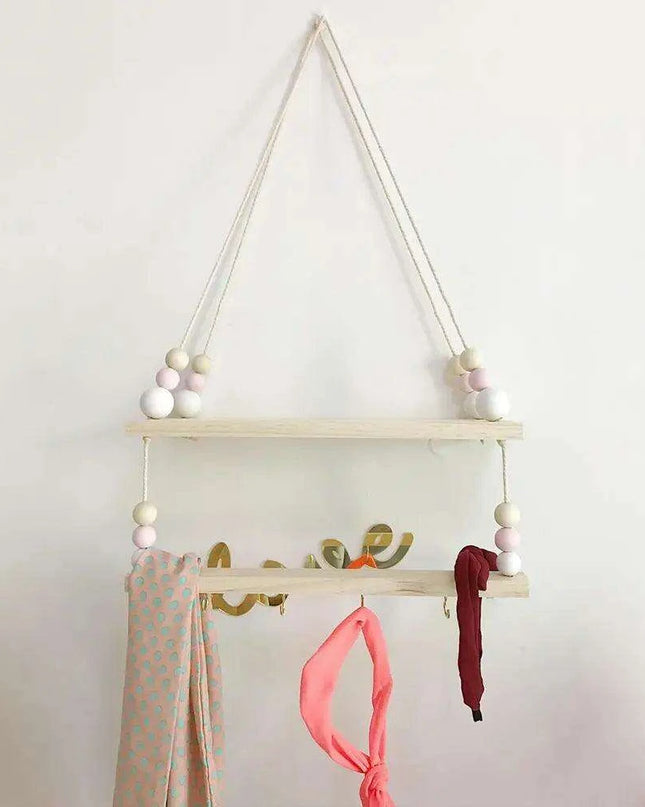 Elegant Scandinavian Dual Level Pine Wood Beads Storage Shelf
