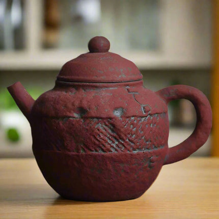 Inspirational Ochre Red Artisan Mini Tea Kettle with Decorative Scripture Embossing- Très Elite- Très Elite