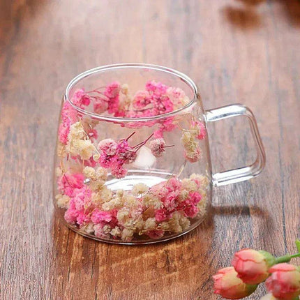 Insulated Double Wall Glass Cup with Dried Flowers - Creative Tea, Coffee, and Milk Mug with Handle - Très Elite