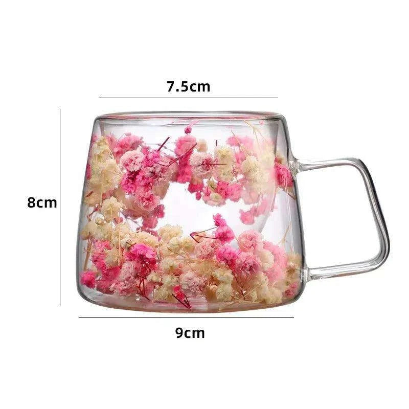 Insulated Double Wall Glass Cup with Dried Flowers - Creative Tea, Coffee, and Milk Mug with Handle - Très Elite