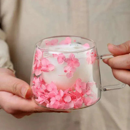 Insulated Double Wall Glass Cup with Dried Flowers - Creative Tea, Coffee, and Milk Mug with Handle - Très Elite
