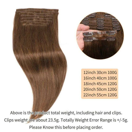 Invisible Seamless Clip-In Human Hair Extensions - 8 Piece Set, 100G/120G, 12-22 Inch Lengths - Très Elite
