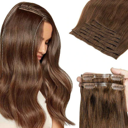 Invisible Seamless Clip-In Human Hair Extensions - 8 Piece Set, 100G/120G, 12-22 Inch Lengths - Très Elite