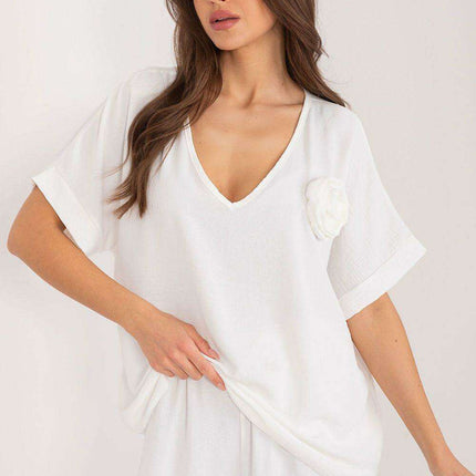 Italy Moda Relaxed Fit V Neck Blouse For Women European