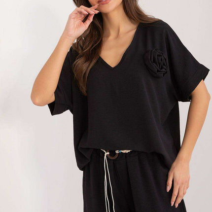 Italy Moda Relaxed Fit V Neck Blouse For Women European