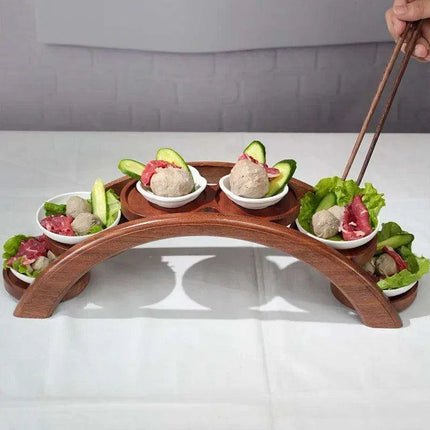 Japanese Arch Bridge Sushi Serving Tray - Elegant Wooden Platter for Gourmet Dining..