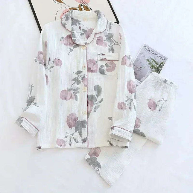 Japanese Crepe Cotton Women's Long Sleeve Pajama Set - Luxurious Sleepwear for Ladies